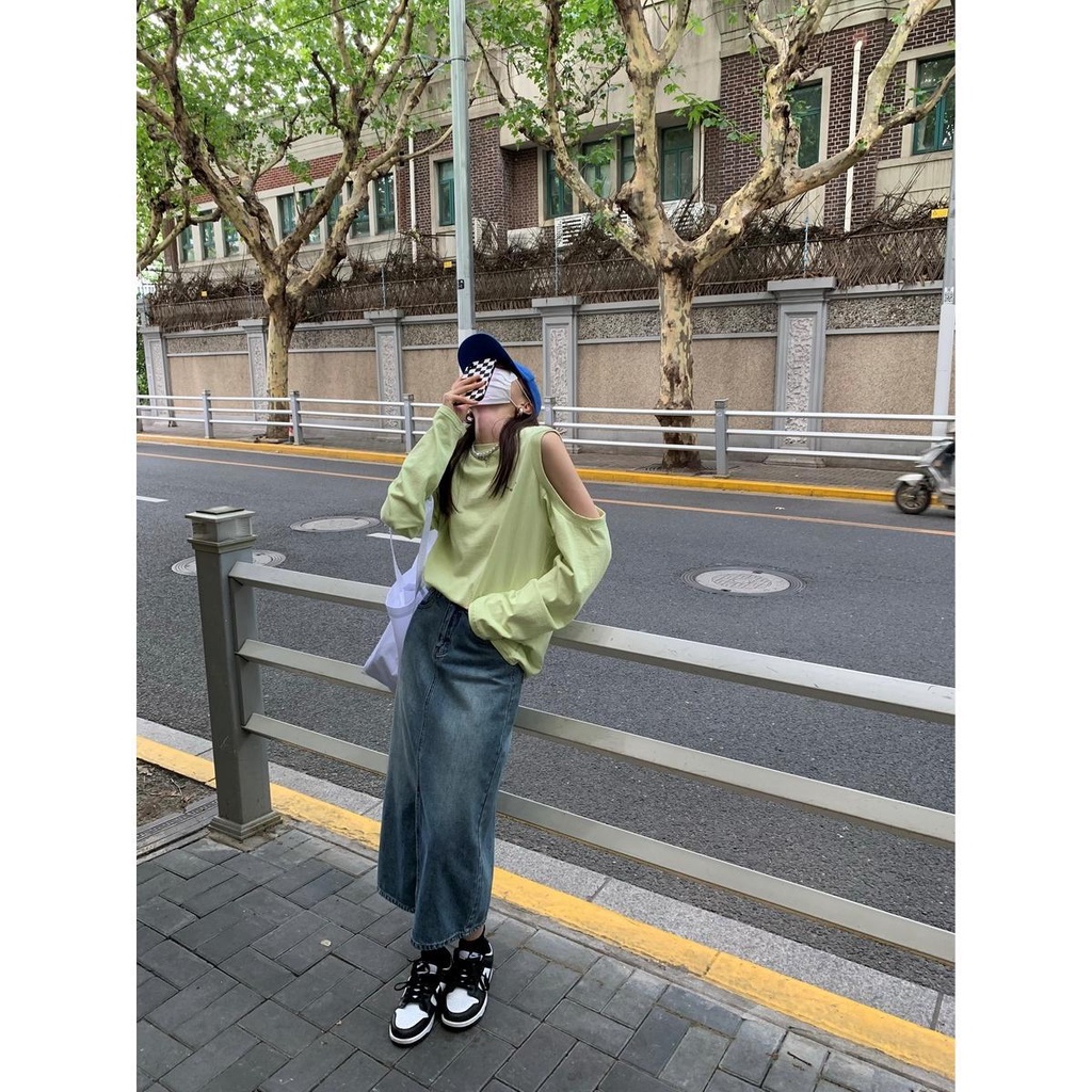 Váy jean dáng chữ A lưng cao thiết kế phong cách thời trang Hàn Quốc