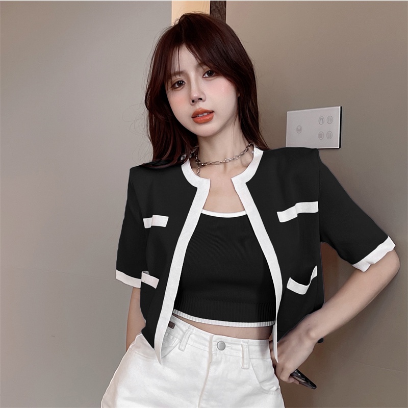 Bộ đồ MURIOKI gồm áo cardigan dệt kim tay dài và áo hai dây phong cách Hàn Quốc thời trang mùa hè cho nữ (Có bán lẻ)