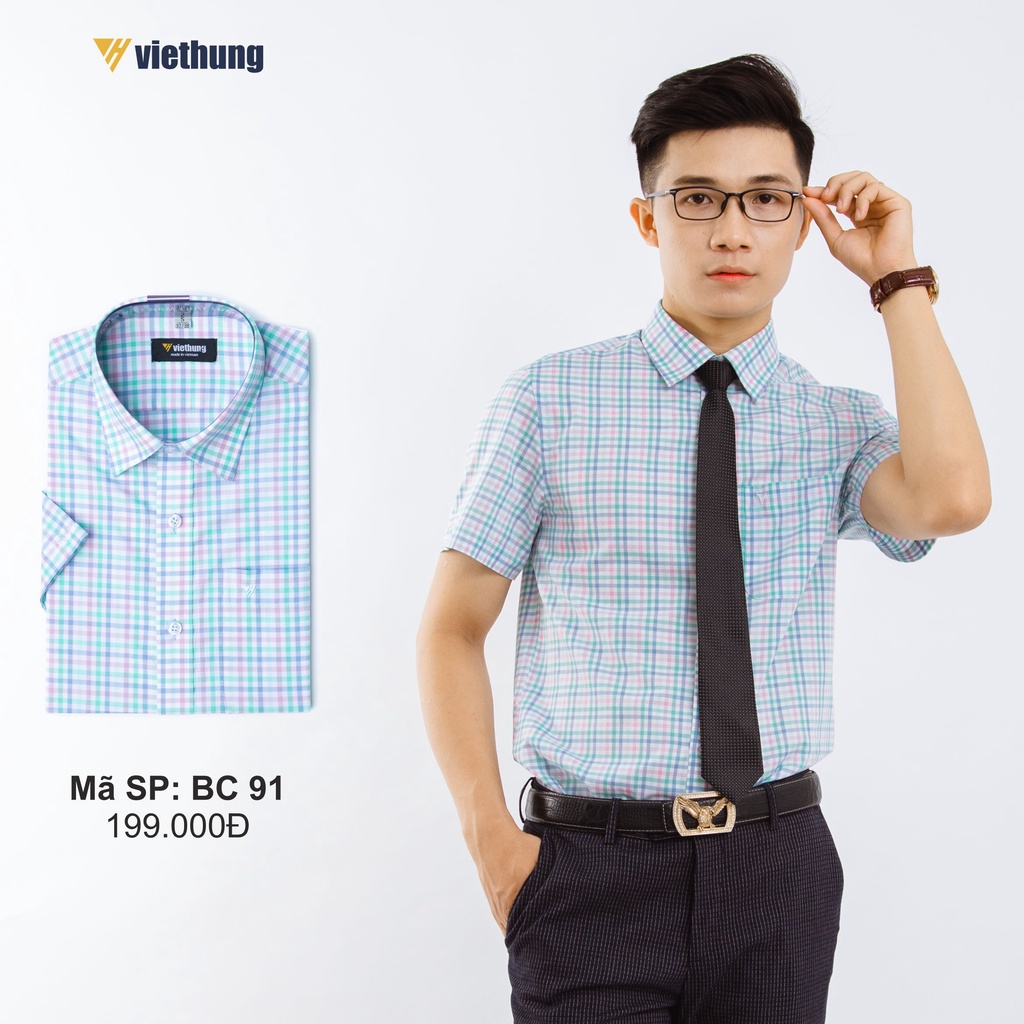 Áo Sơ Mi Nam Công Sở Thương Hiệu Việt Hưng Họa Tiết Caro Nhỏ Màu Xanh Trắng Hồng Ngắn Tay Vải Cotton - BC91