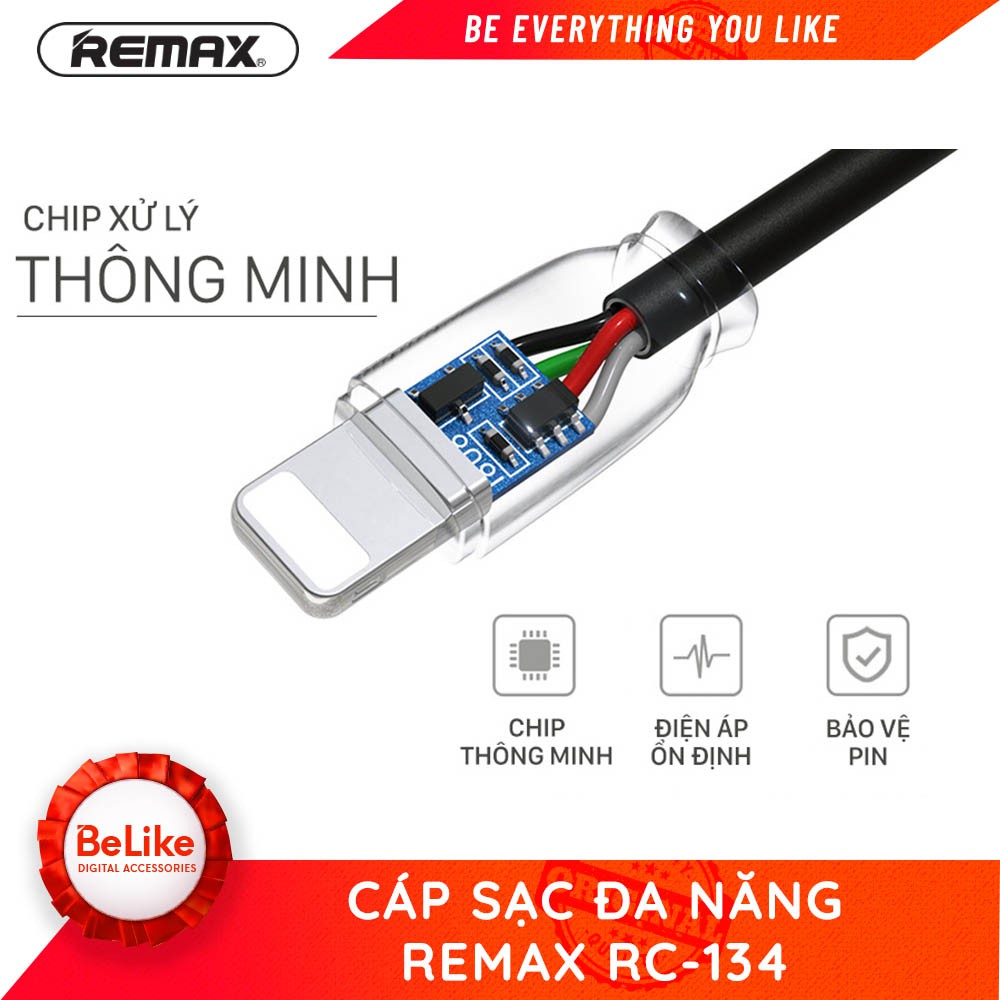 Cáp sạc Lightning, Micro, Type C Remax RC-134 Đa năng tiện dụng - BH 3 tháng