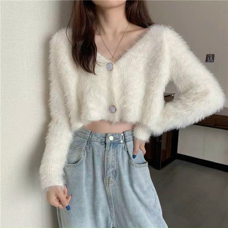 Áo cardigan len lông cổ tim