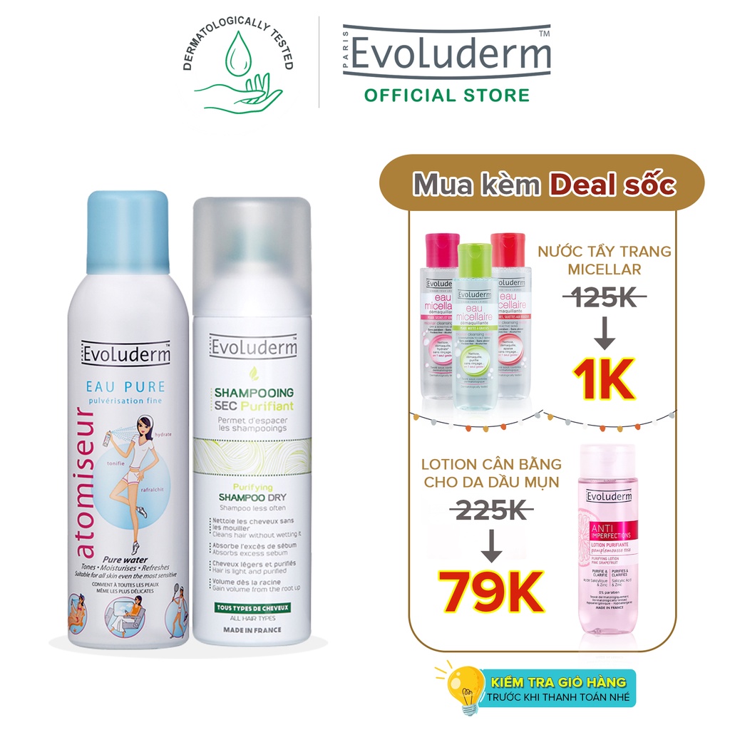 Bộ du lịch xịt khoáng Evoluderm 150ml và Dầu gội khô Evoluderm 200ml