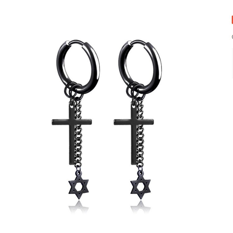 Khuyên tai nam nữ Thánh giá kết hợp xích mặt sao 6 cánh