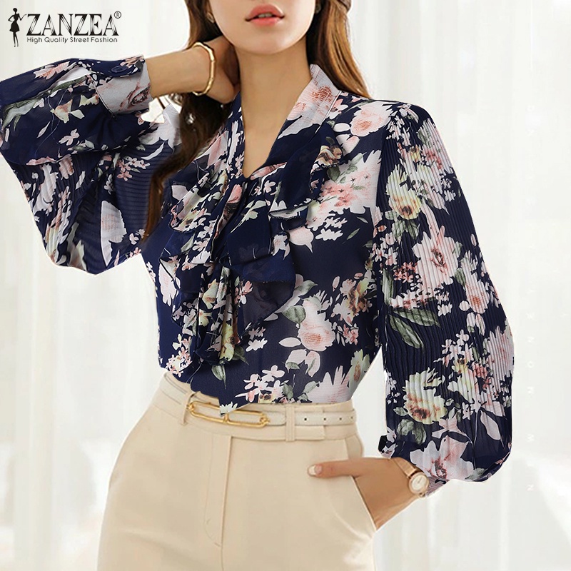 Áo kiểu ZANZEA tay dài xếp ly cổ V phối dây buộc in họa tiết hoa phong cách retro thời trang cho nữ