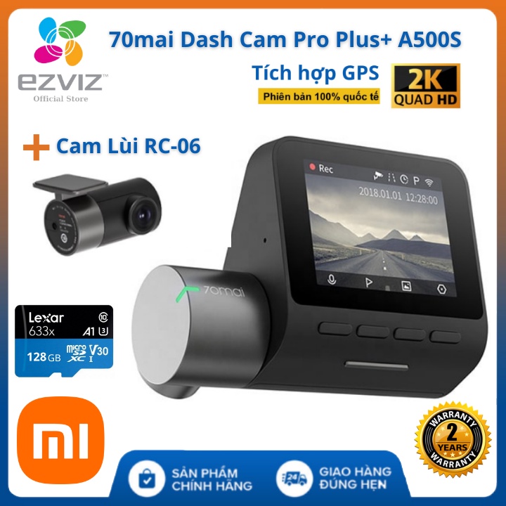 Camera hành trình Xiaomi 70mai Dash Cam Pro Plus A500s  Bản Quốc Tế  2K , Tích hợp sẵn GPS, Cam Lùi Cao Cấp