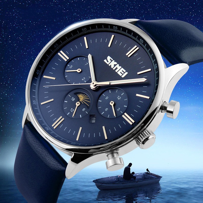 ĐỒNG HỒ NAM SKMEI DÂY DA - 6 KIM HOẠT ĐỘNG - NÂU, XANH, ĐEN