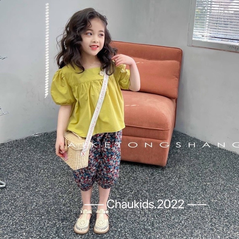 Bộ cộc tay bé gái, bộ quần áo dáng babydoll quần alibaba hoa nhí xinh xắn cho bé