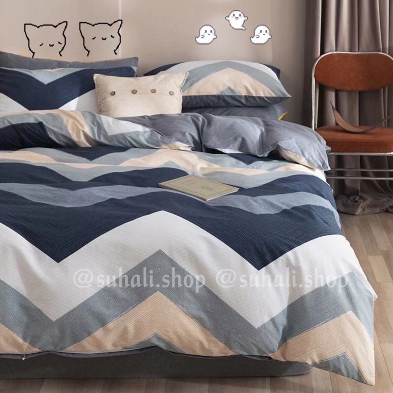 Bộ chăn ga giường Cotton 100% họa tiết kẻ Suhali, chất liệu 100% Cotton thoáng mát thấm hút mồ hôi
