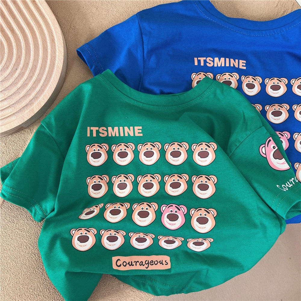 Áo Thun 100% Cotton Tay Ngắn Cổ Tròn In Họa Tiết Hoạt Hình Phong Cách Hàn Quốc Cho Bé Trai