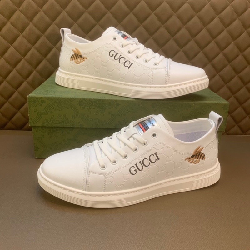 Giày thể thao nam / sneakers trắng Gucci GC da thật cao cấp dập vân và thêu hình chú ong