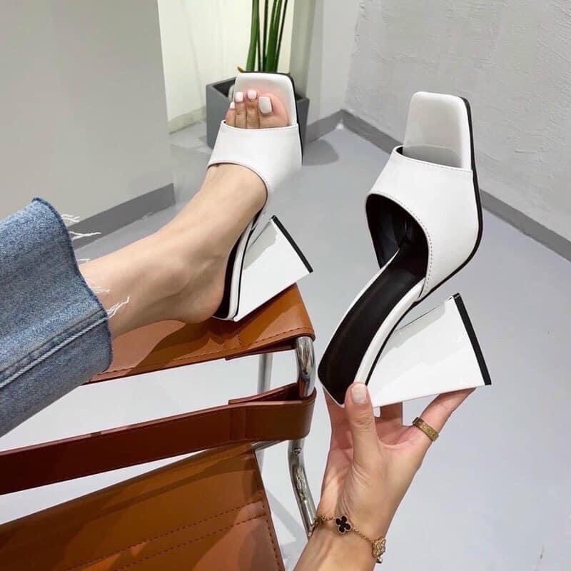 Dép nữ cao gót quai bản ngang da bóng gót tam giác 9cm
