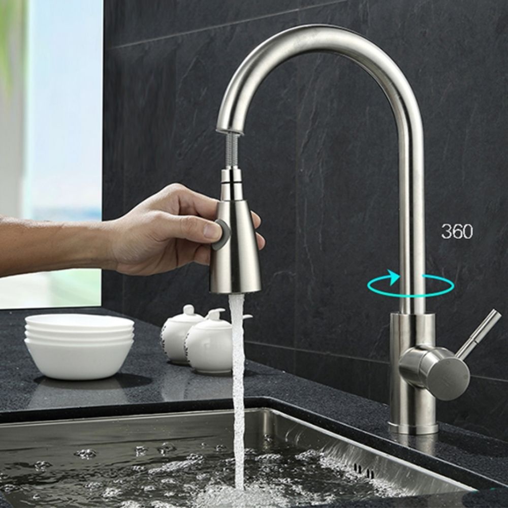 Vòi rửa bát dây rút tăng áp Inox Sus 304 xoay 360 độ cao cấp , gật gù nóng lạnh rửa chén chính hãng bảo hành 24 tháng