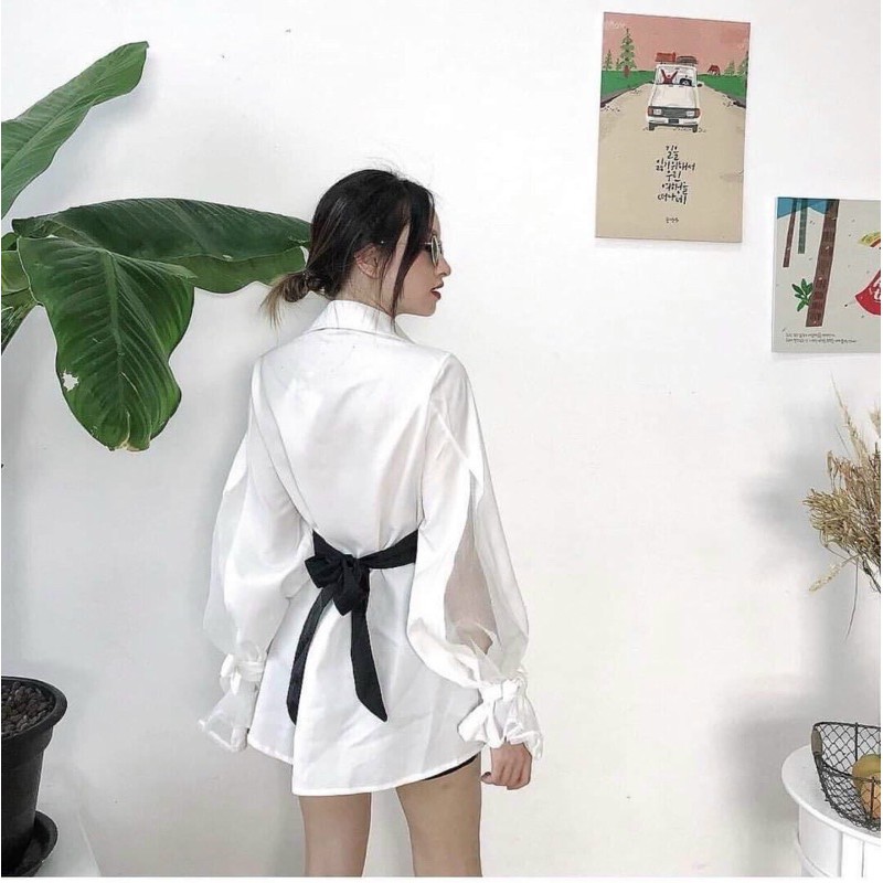ÁO SƠMI GIẤU QUẦN LIỀN DOUBLE SHIRT DÁNG DÀi TAY ĐẮP CHÉO CỘT NƠ ĐEN PHÍA SAU | BigBuy360 - bigbuy360.vn