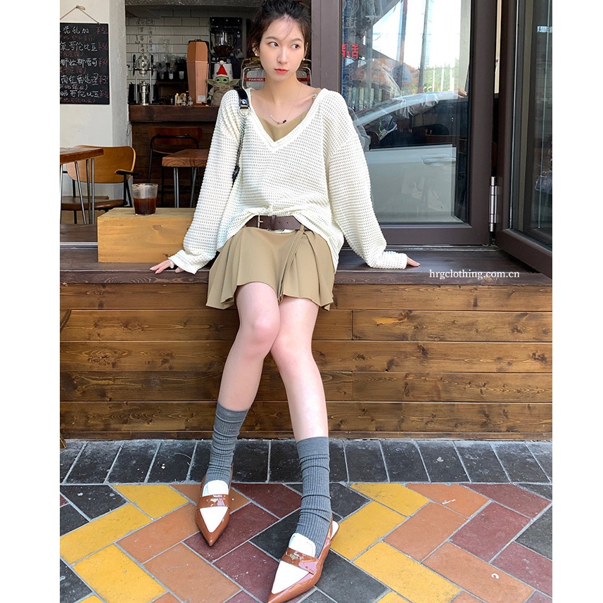 Áo ZHELIHANGFEI vải dệt kim tay dài cổ chữ V dáng rộng quyến rũ dễ phối đồ