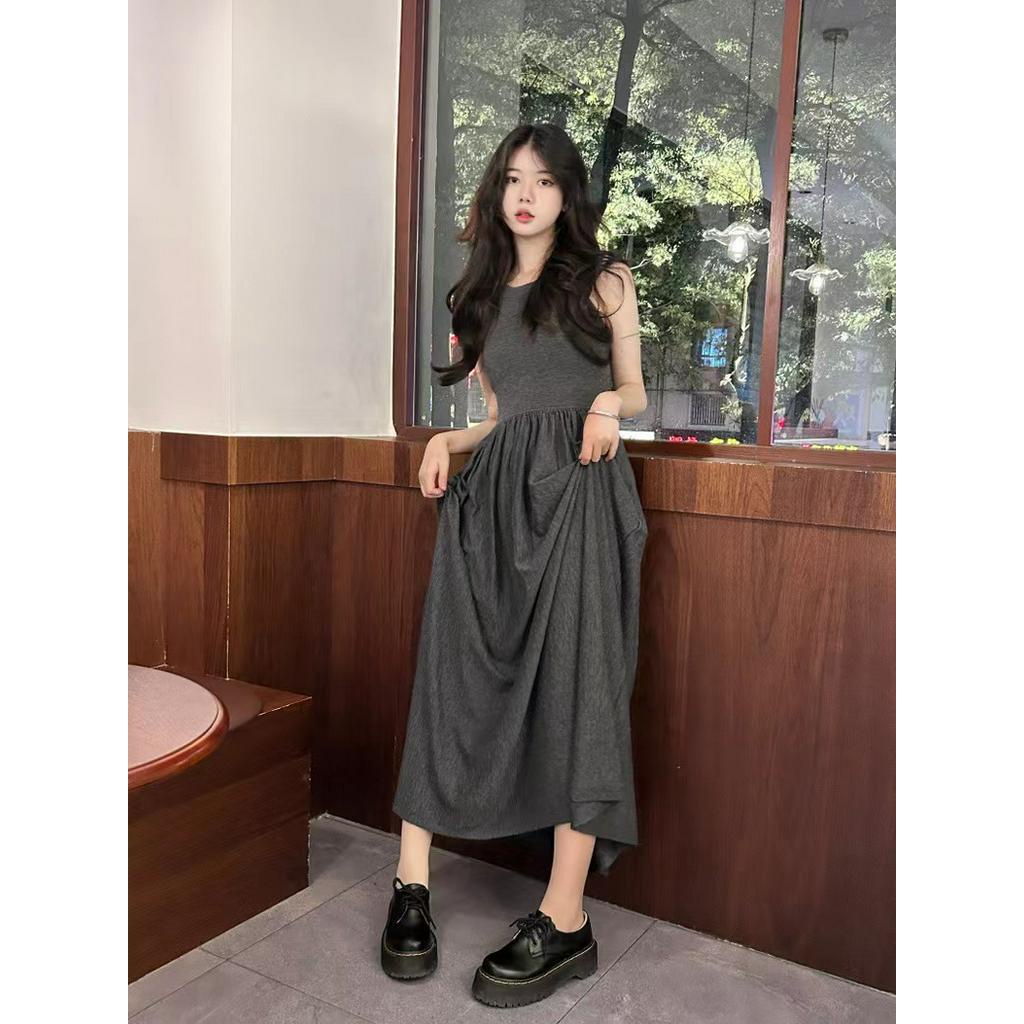 Đầm midi Sát Nách Dáng Dài Màu Xám Phong Cách Hàn Quốc Thời Trang Mùa Hè Tinh Tế Cho Nữ