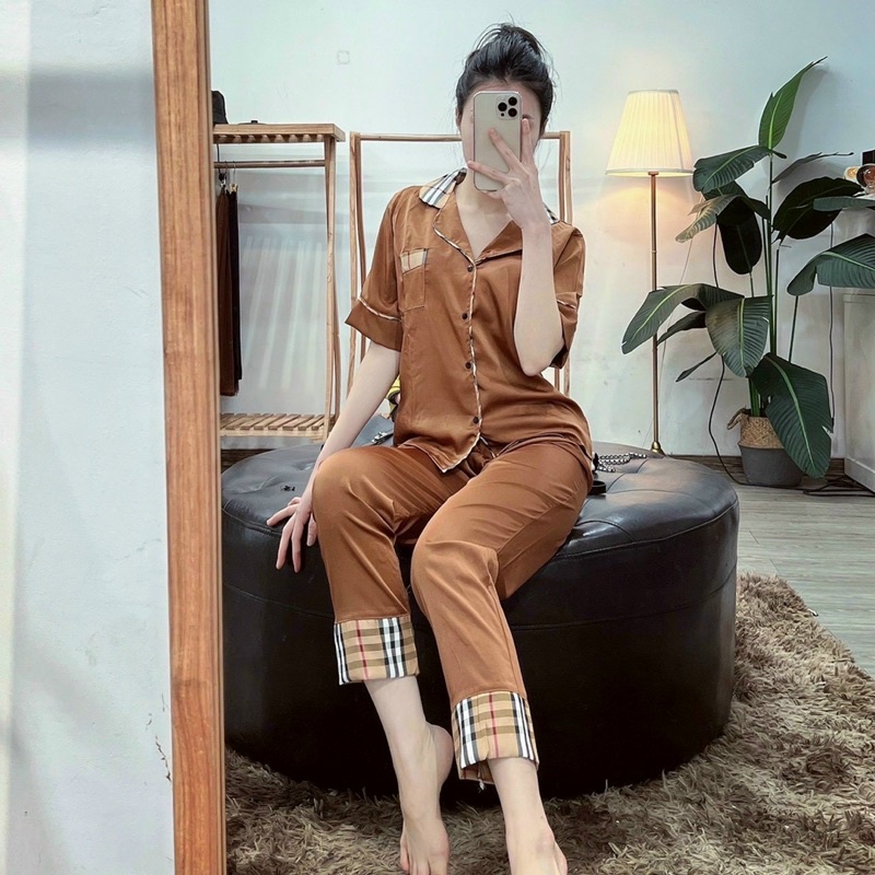 Bộ lụa pijama mặc viền kẻ hàng thiết kế cao cấp