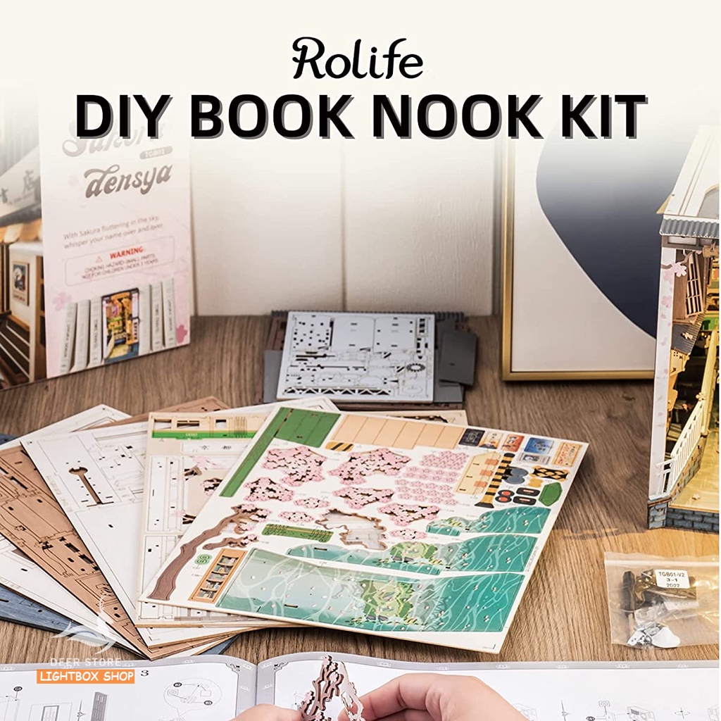 Mô hình Book Nook tự lắp ráp bằng gỗ Rolife Sakura Densya. Đèn có công tắc cảm ứng. TGB01
