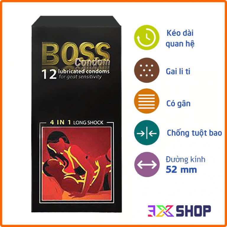 ⚡CHÍNH HÃNG ⚡Bao Cao Su Boss 4 in 1 Gân Gai Kéo Dài - Hộp 12 Chiếc