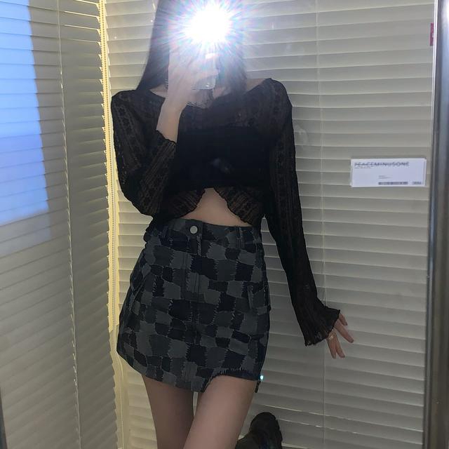 Set Áo Ren Lưới + Quần Short Denim Giả Váy Thời Trang Cho Nữ