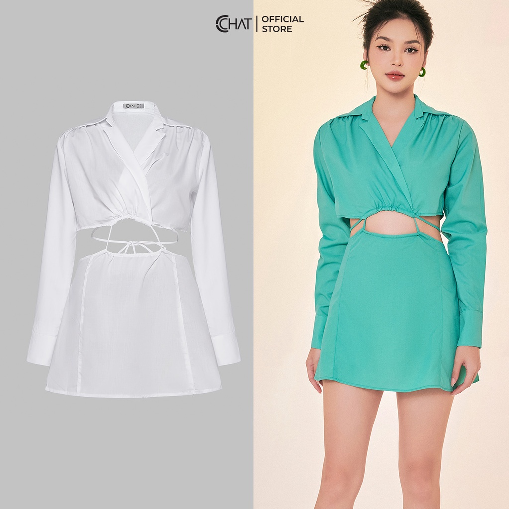 Set Đồ Nữ 𝐂𝐂𝐇𝐀𝐓 Áo Sơ Mi Cut Out Eo Quần Short Chất Thô Cao Cấp 22BDT2002OT