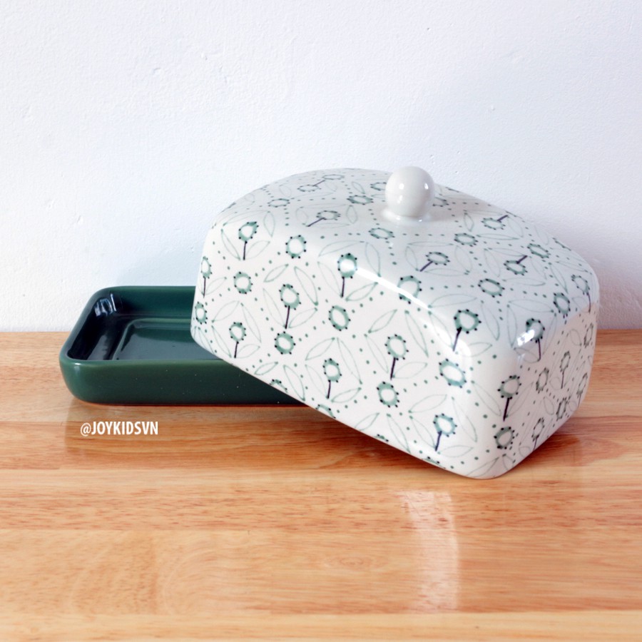 Đĩa Bơ Gốm IKEA In Hoa Xanh - IKEA Green Floral Ceramic Butter Dish