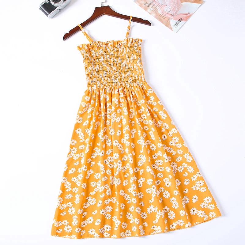 Korea Summer women strapless sexy pleated chiffon bohemian floral dress