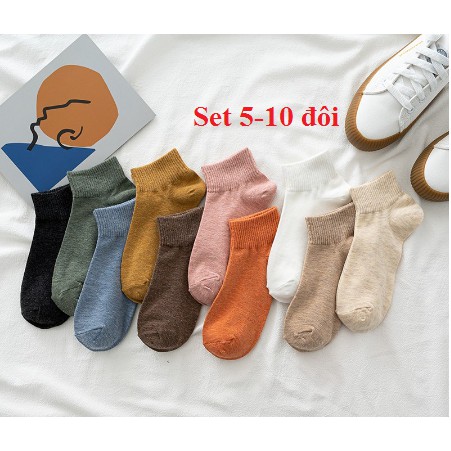 Set Tất Vớ Nữ Cotton Cổ Ngắn Màu Trơn Thoáng Khí