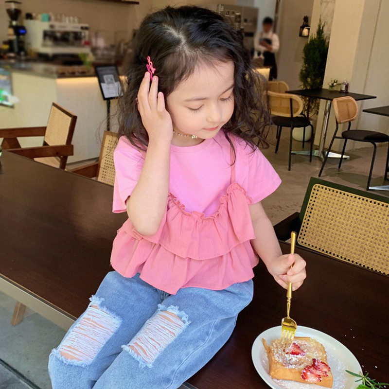 Se7en Áo Sơ Mi Ngắn Tay Cổ Thuyền Nhún Bèo Thời Trang Mùa Hè Giản Dị Dành Cho Bé Gái