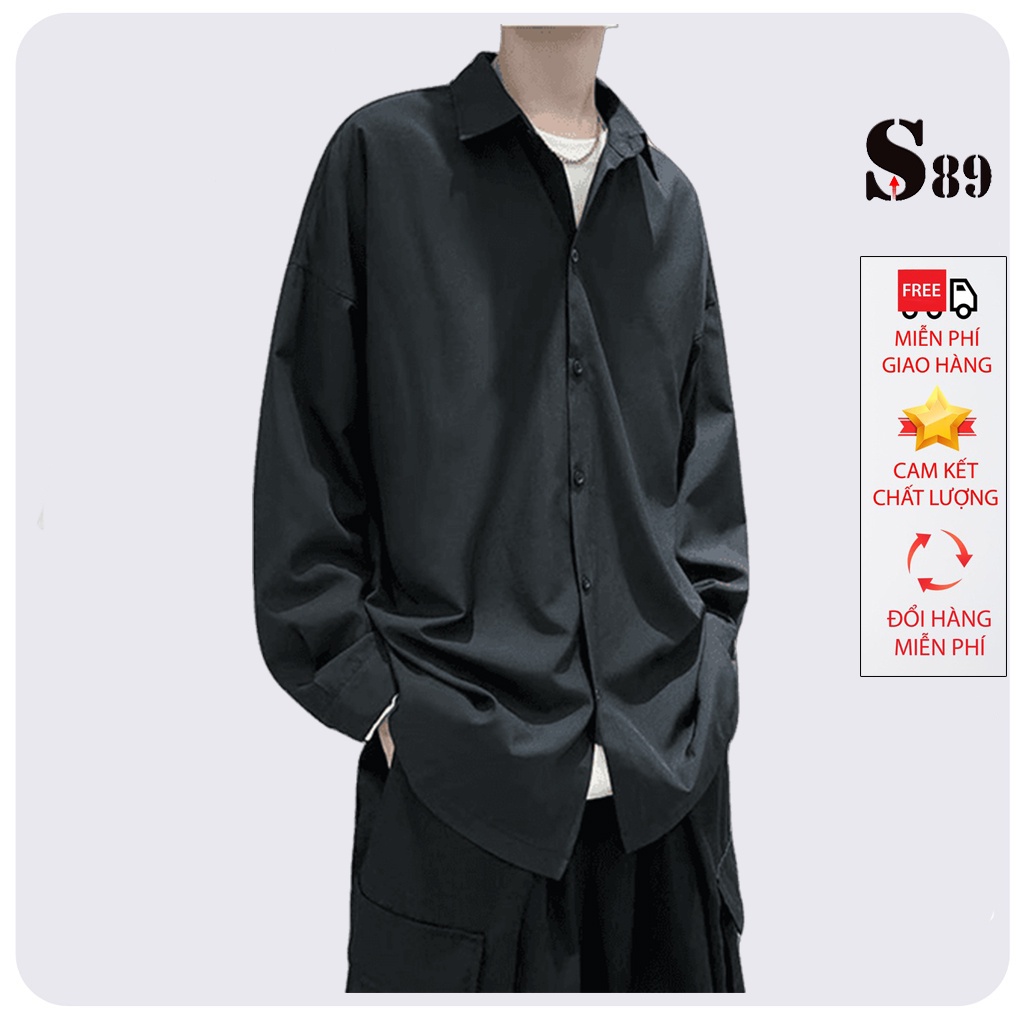 áo sơ mi nam nữ unisex màu đen tay dài Hamino form dáng rộng chất vải lụa dản