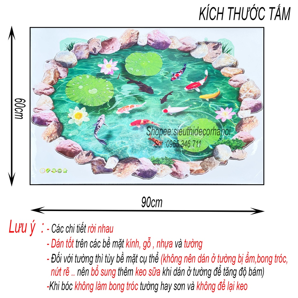 Decal dán nền nhà Hồ cá KOI 3D Hình chữ nhật, hình tròn. Đề can dán tường Hàn quốc kích thước 60x90cm
