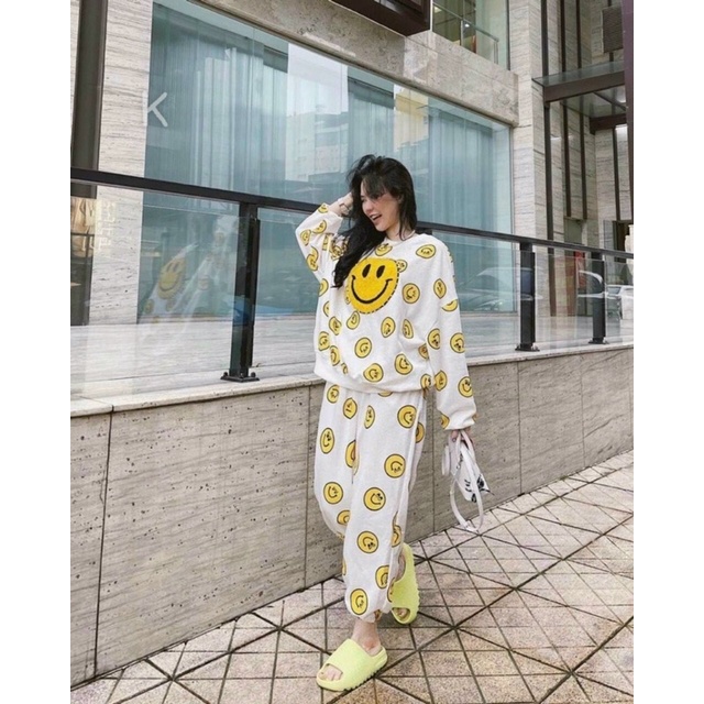 sét đồ bộ mặt cười thun da cá cổ tròn tay dài