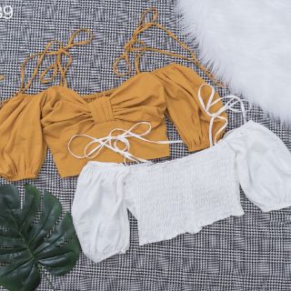 Áo crop nhún cột nơ vai (2 màu)