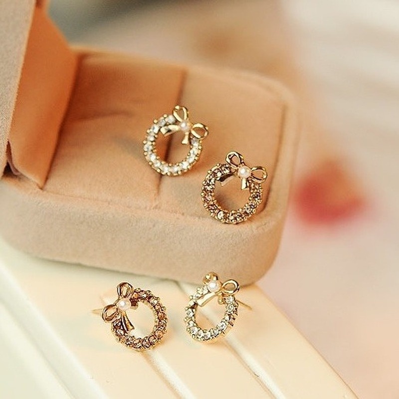 Đôi bông tai hình nơ đính đá và ngọc trai nhân tạo phong cách Hàn Quốc thời trang 210807