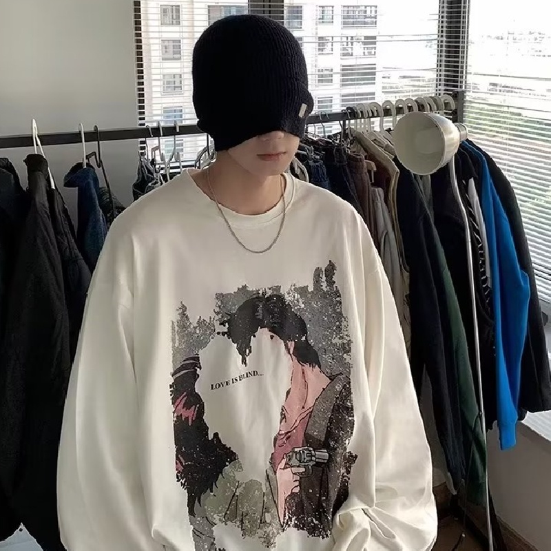 Áo Thun Tay Dài Dáng Rộng In Họa Tiết Hoạt Hình Phong Cách Hip Hop Hàn Quốc Thời Trang Cho Nam size M-5XL