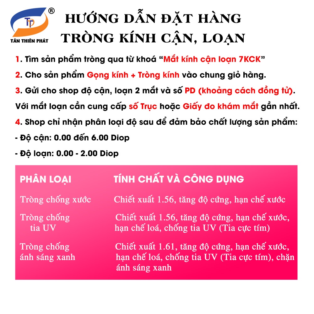 Mắt kính cận loạn 7KTTP tròng tròn, chữ nhật chống xước, chống loá, tia UV và ánh sáng xanh, khoảng độ cận 0.00 - 6.00