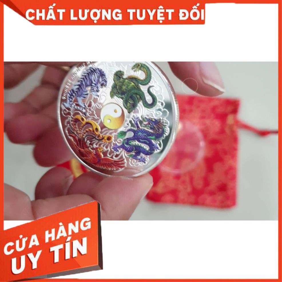 [GIÁ SỐC] ĐỒNG TIỀN XU TỨ LINH LONG LÂN QUY PHỤNG - tặng kèm túi gấm long phụng