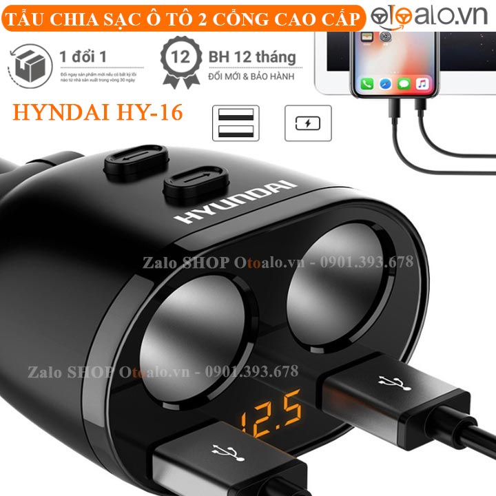 Tẩu sạc xe ô tô hiệu Hyundai HY-18 hiển thị điện áp với 2 dock sạc, 2 cổng USB sạc nhanh QC3.0 - OTOALO