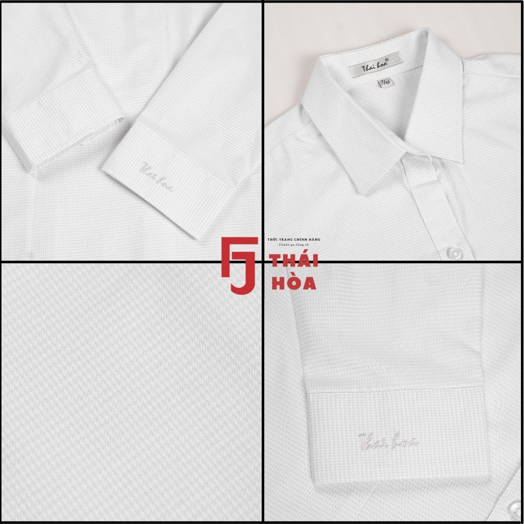 Áo sơ mi công sở nữ dài tay màu trắng đẹp kẻ caro vải cotton Thái Hòa 65-01