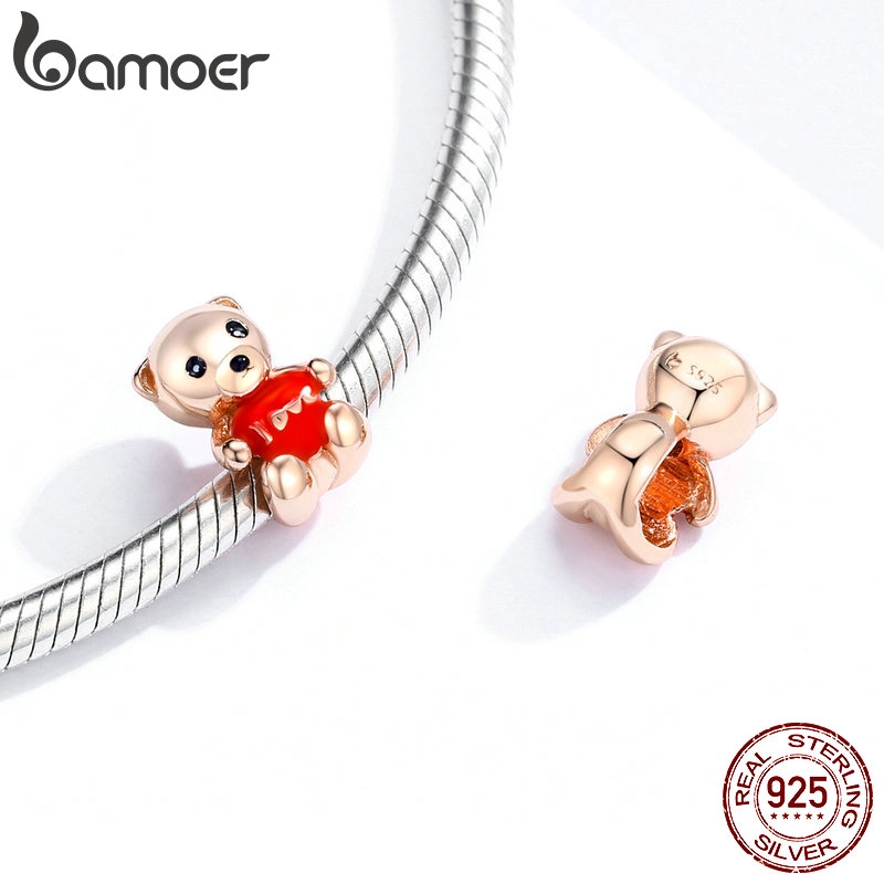 Hạt Charm Bamoer BSC228 Bạc Sterling 925 Thật Hình Chú Gấu Với Trái Tim Đỏ Và Chữ Love Tráng Men Dùng Để Làm Trang Sức