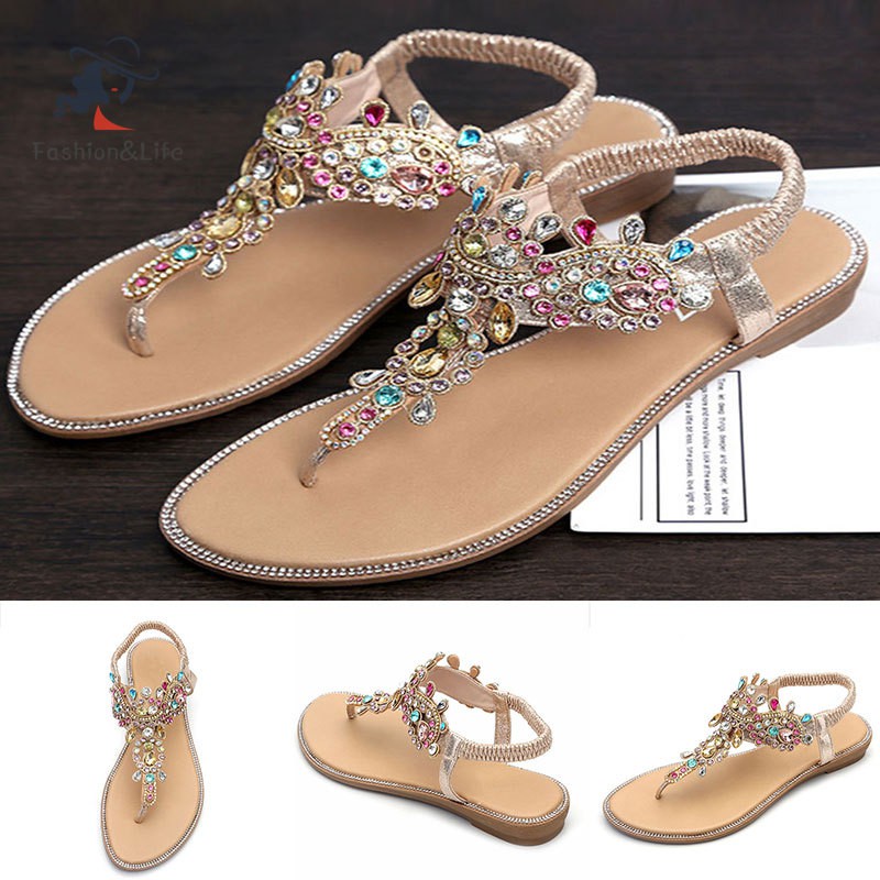 Dép Sandal Xỏ Ngón Đế Bằng Đính Đá Nhiều Màu Cho Nữ