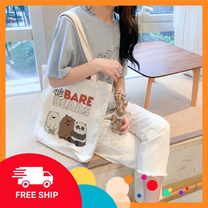 Túi Tote Vải Canvas Nữ Có Khóa Kéo phong cách Ulzzang