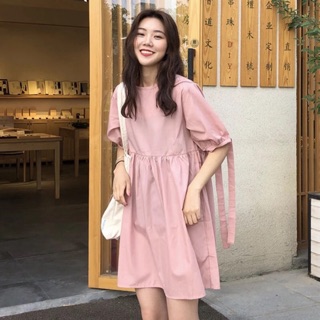 Váy babydoll màu hồng tay thắt nơ