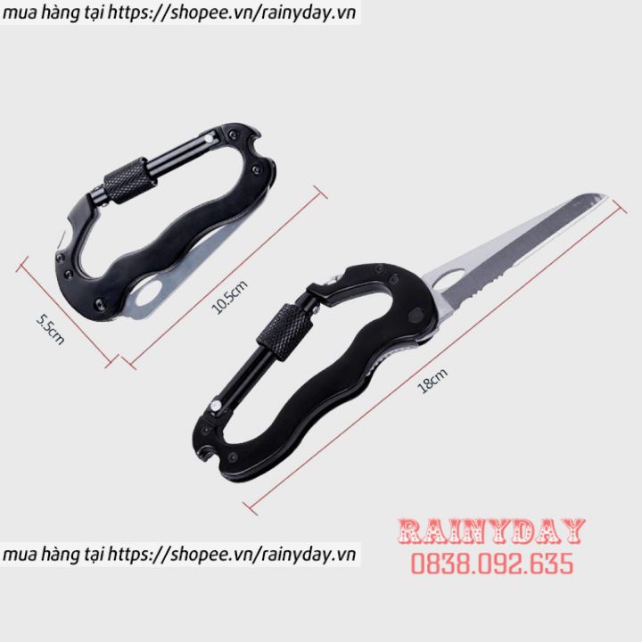 Móc khóa đa năng chữ D, móc carabiner xoay bằng nhôm đi phượt du lịch leo núi sinh tồn có dao