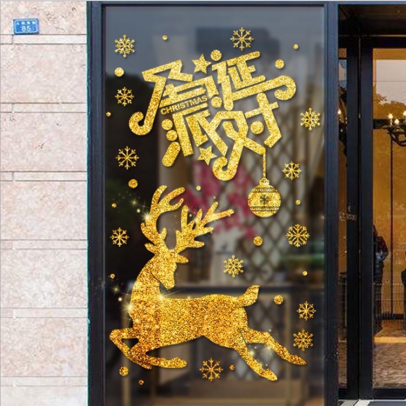 Decal trang trí Noel - Tuần lộc nhũ kim tuyến chúc giáng sinh vui vẻ