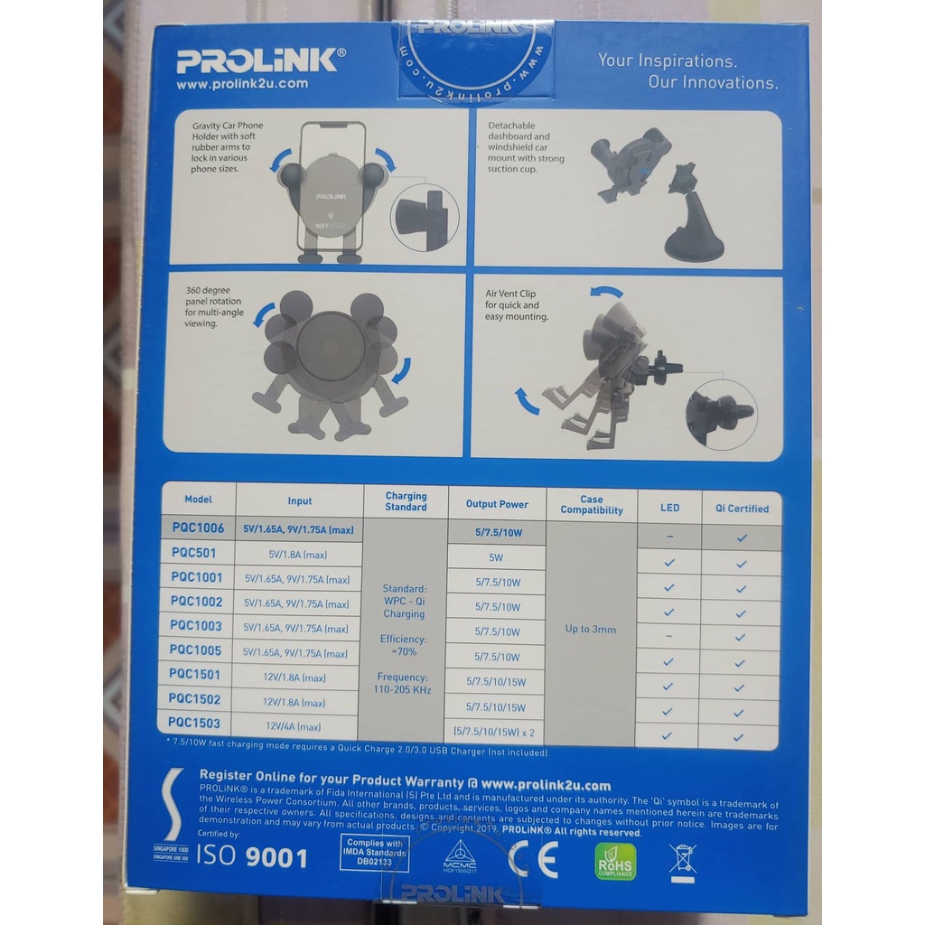 Giá đỡ sạc điện thoại không dây 10W PROLiNK PQC1006 trên ô tô dành cho iPhone, iPad, Xiaomi, Samsung