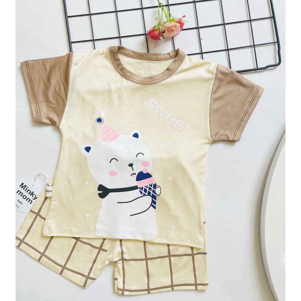 Bộ thun lạnh Minky cộc tay hoạt hình quần kẻ