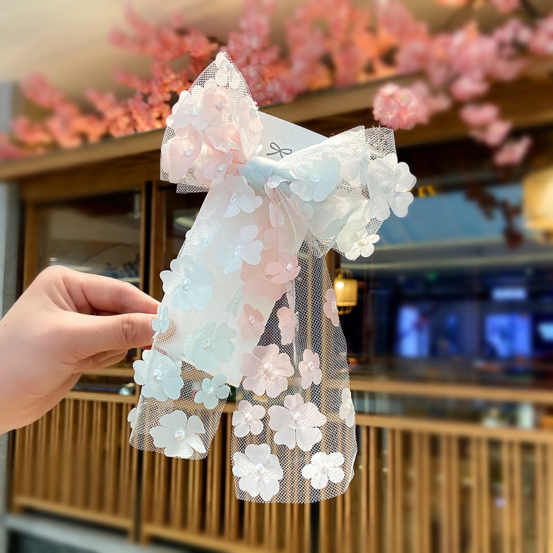 Kẹp tóc hình nơ lưới họa tiết hoa nhí phong cách Hàn Quốc dễ thương cho bé gái