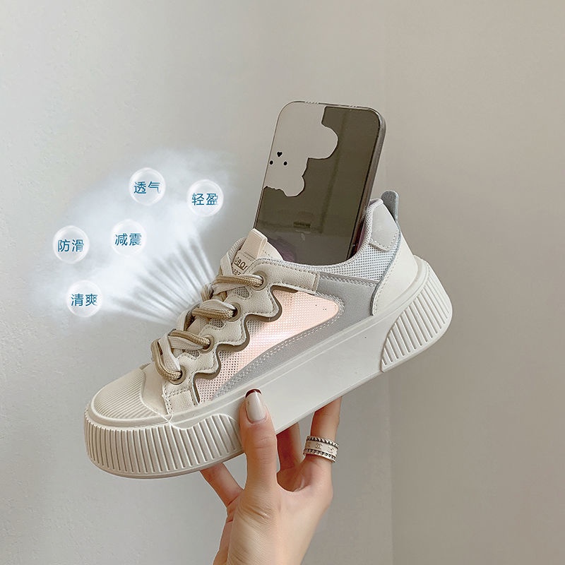 Jiashucheng Giày Thể Thao Trắng Phối Lưới Thoáng Khí Cột Dây Phong Cách Preppy Thời Trang Mùa Hè Cho Nữ