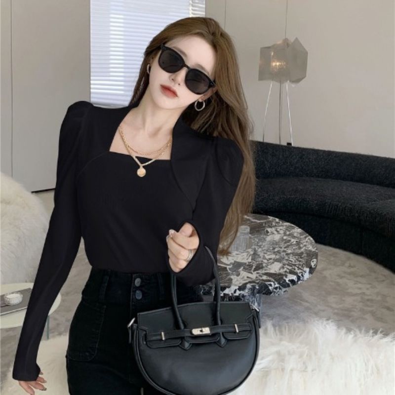 Áo Thun COZOK Tay Dài Cổ Vuông Màu Trơn Dễ Phối Đồ Hợp Thời Trang