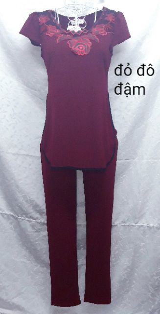 Đồ bộ trung niên mặc nhà trơn màu thêu hoa đính đá/ xẻ tà